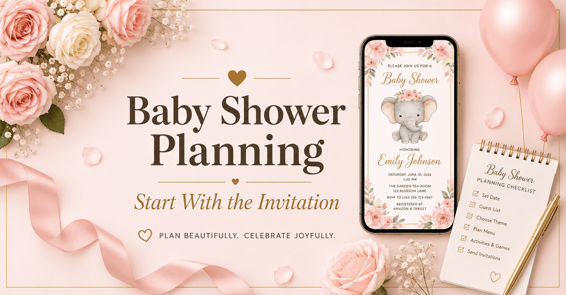 Elegant design for Baby Shower Planning, featuring an invitation on a phone and floral decorations.