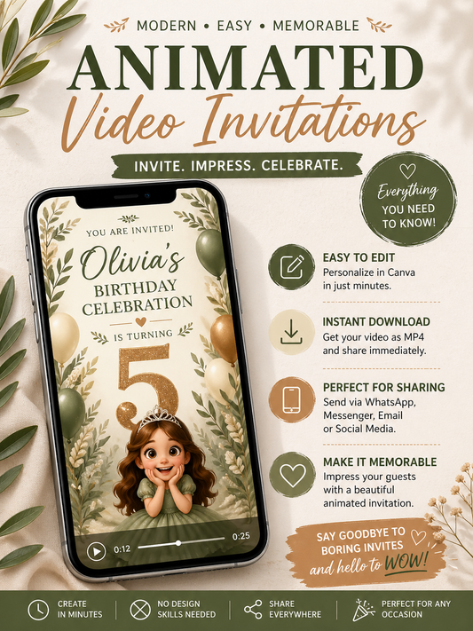 Animated video invitation showcasing a stylish birthday celebration design with easy editing options.