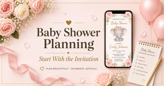 Elegant design for Baby Shower Planning, featuring an invitation on a phone and floral decorations.
