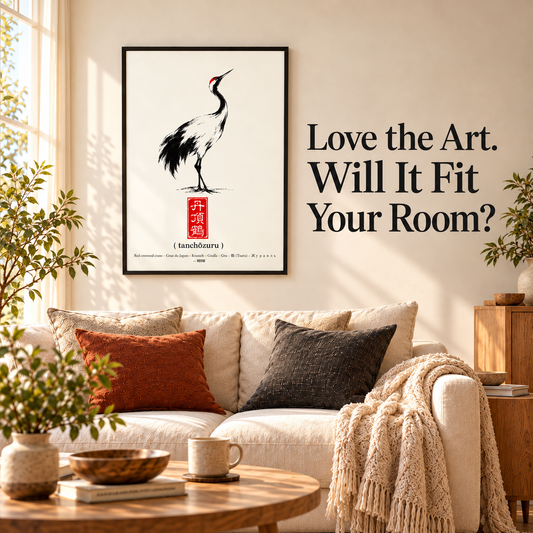 Living Room Wall Art featuring a crane print in a stylish, sunlit living room setting with cozy furnishings.