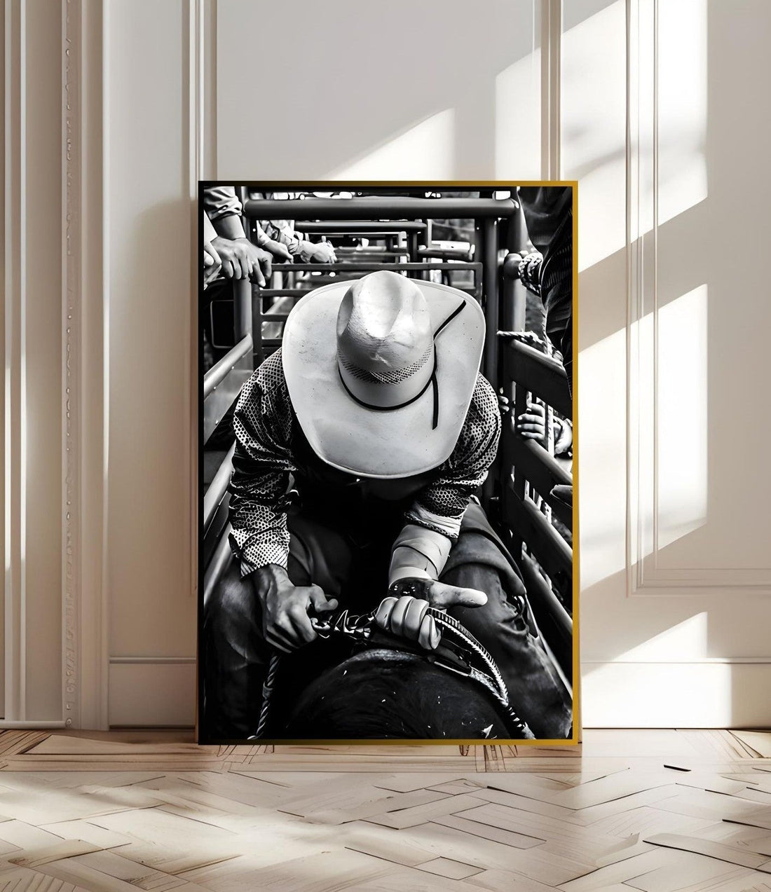 Rodeo Wall Art featuring a cowboy preparing for a bull ride, perfect for western-themed decor.