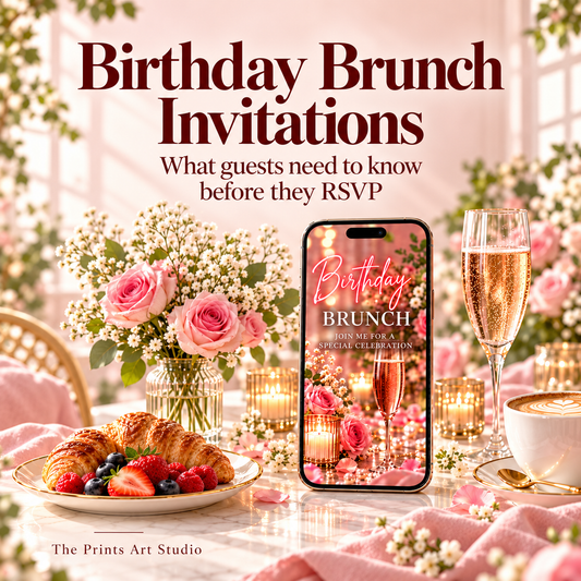 Elegant birthday brunch invitation cover with roses, champagne, pastries, and a video invitation on a smartphone.