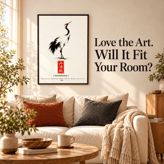 Living Room Wall Art featuring a crane print in a stylish, sunlit living room setting with cozy furnishings.