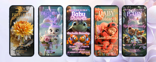 Digital Baby Shower Invitations showcasing vibrant designs and details for modern celebrations.