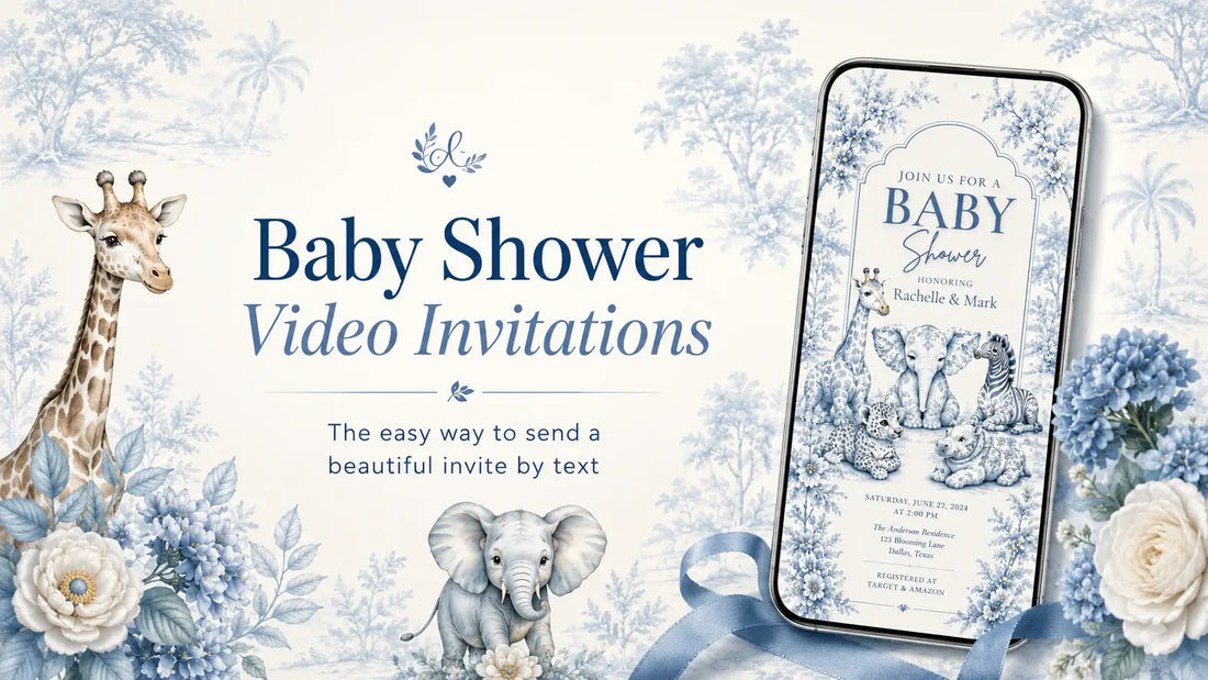 Baby Shower Video Invitations You Can Send by Text, featuring cute animal designs and a mobile invitation mockup.
