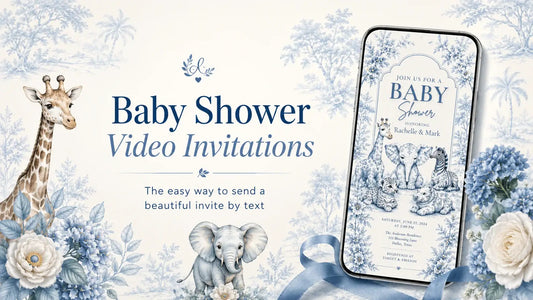 Baby Shower Video Invitations You Can Send by Text, featuring cute animal designs and a mobile invitation mockup.