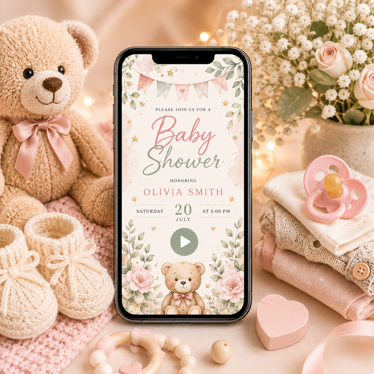 Editable Baby Shower Invitations Canva Templates on a mobile device with floral design and event details.