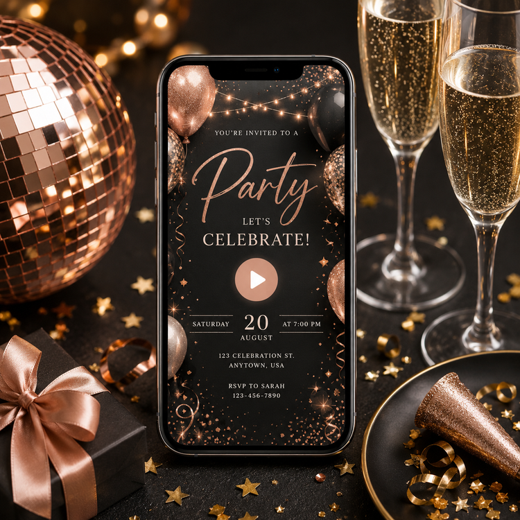 Editable Party Invitations Canva Templates on a phone screen with a celebration theme and instant download option