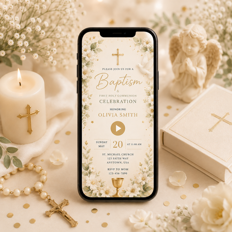 Baptism Invitation Canva Templates Editable Video Invite displayed on a phone with floral design and cross.