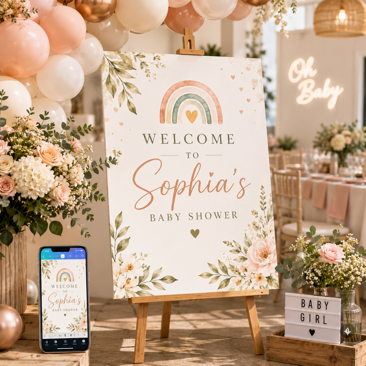 Printable Welcome Sign templates showcasing editable designs for various celebrations like weddings and baby showers.