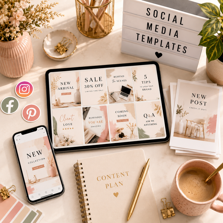 Social Media Post Templates displayed on phone and laptop showing editable, customizable designs for effective social media marketing.