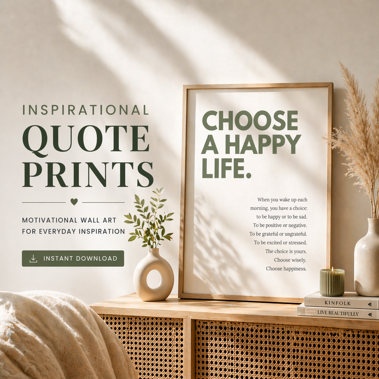 Inspirational quote prints with the message 'Choose a Happy Life' framed artistically on a wooden shelf.