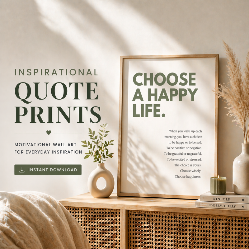 Inspirational quote prints with the message 'Choose a Happy Life' framed artistically on a wooden shelf.
