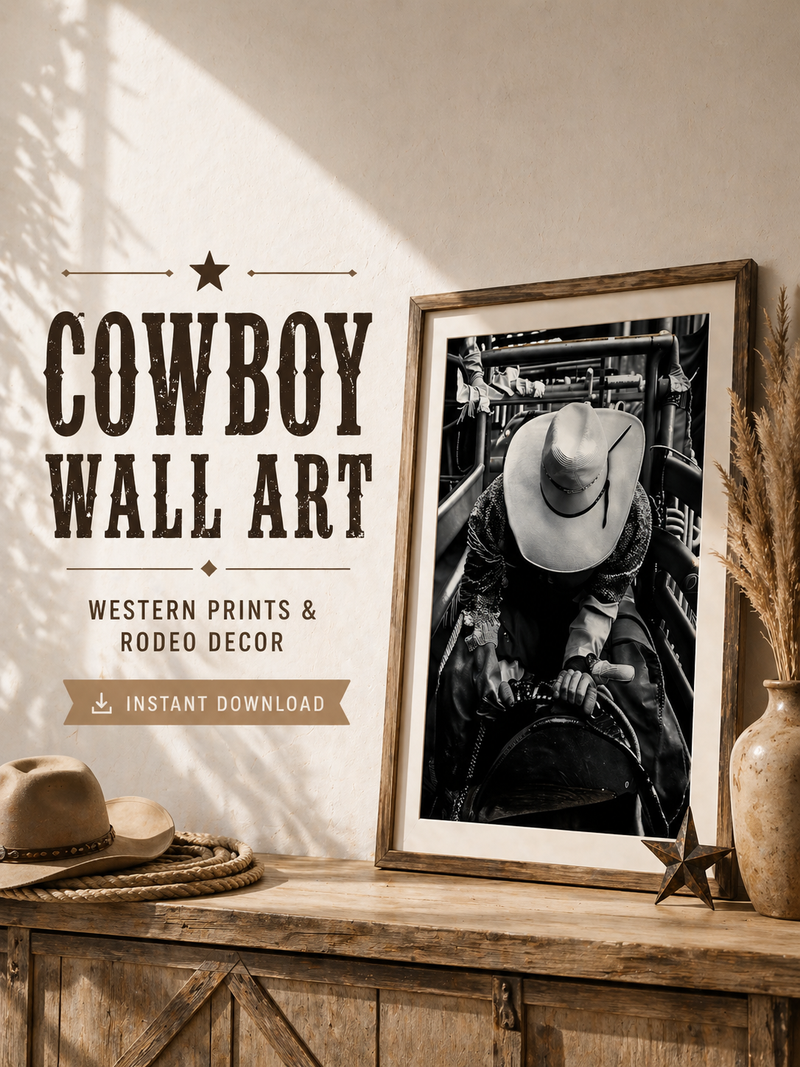 Cowboy wall art featuring western prints and rodeo decor in a stylish home setting with rustic aesthetics.