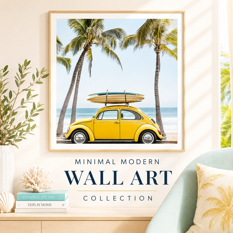 Coastal living room with minimalist wall art prints showcasing surfboards spelling 'DIOR', elegant and modern home decor.