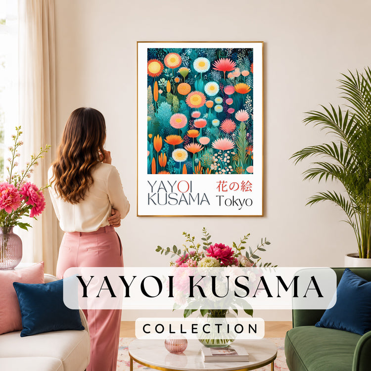 Yayoi Kusama digital art prints featuring floral pop art design, vibrant colors and modern style, inspired collection piece.