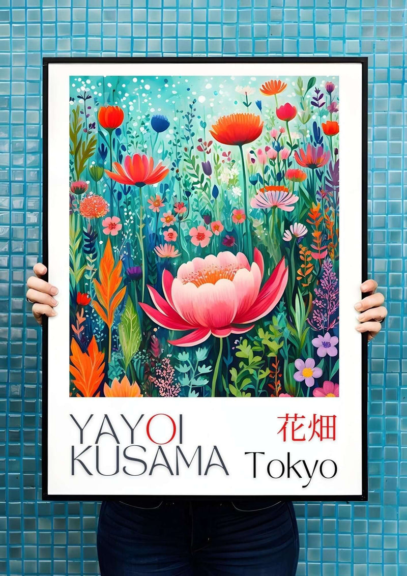 Yayoi Kusama digital art prints featuring floral pop art design, vibrant colors and modern style, inspired collection piece.