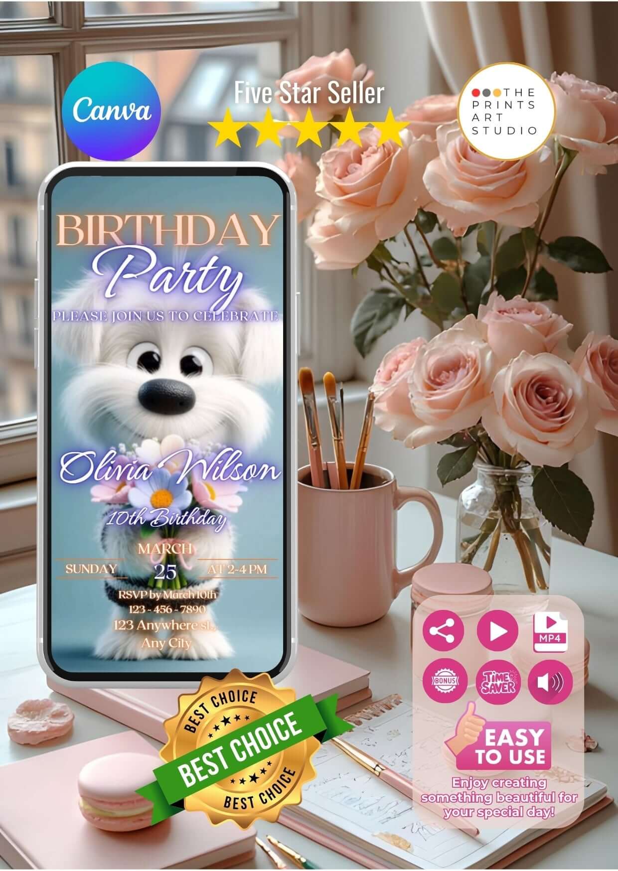 Animated Birthday Video Invitations featuring a cute dog with floral decor for a personalized birthday party announcement.