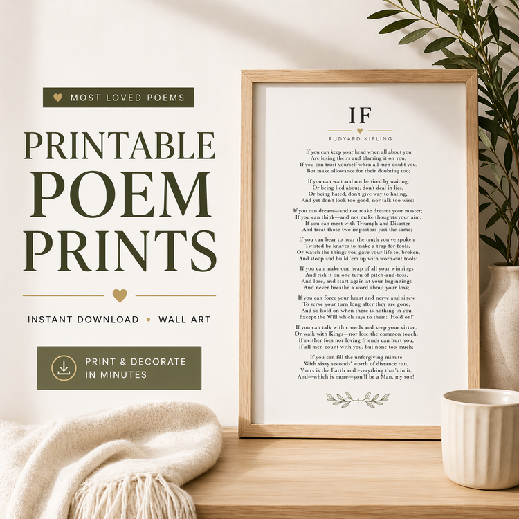 Printable Poem Wall Art with the poem 'If' by Rudyard Kipling in an elegant frame, perfect for home decor.