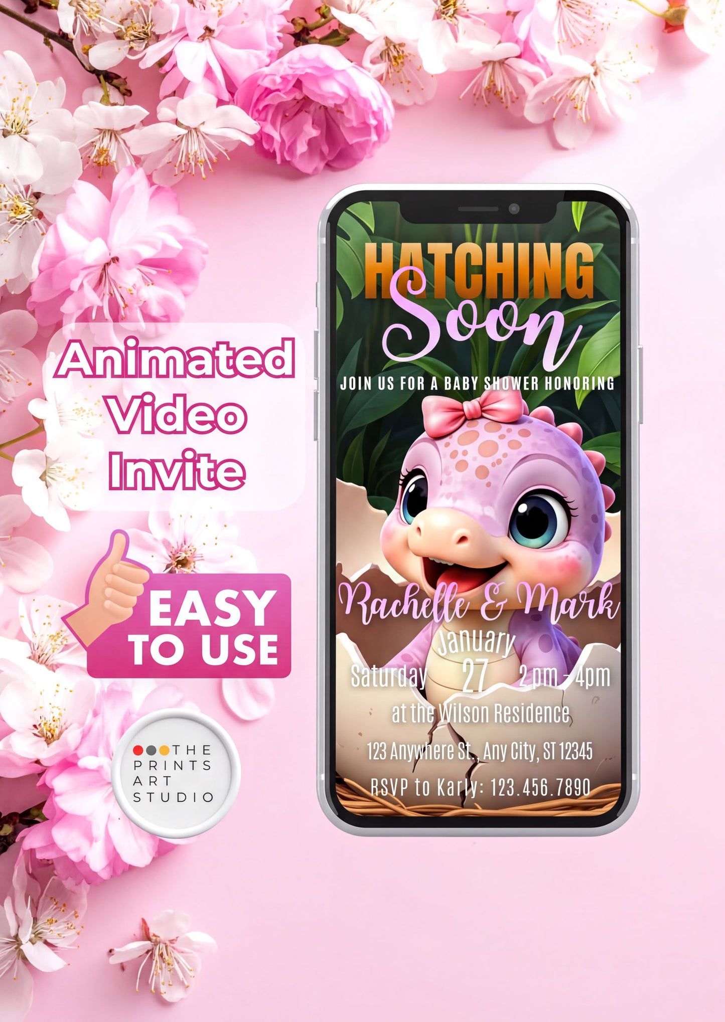 Baby Girl Shower Video Invitation featuring a cute dinosaur design, perfect for a baby shower celebration.