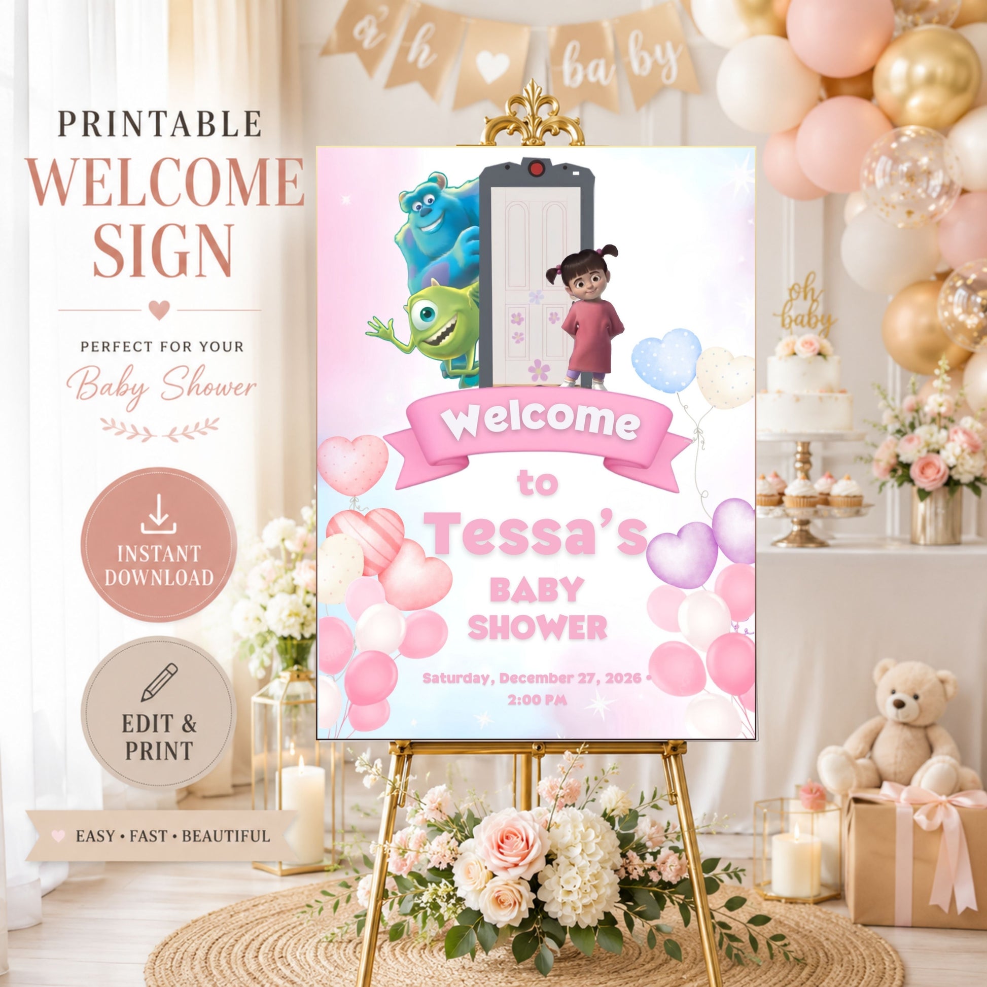 Monster Inc Baby Shower Welcome Sign featuring colorful characters and decorative elements for a joyful entrance display.