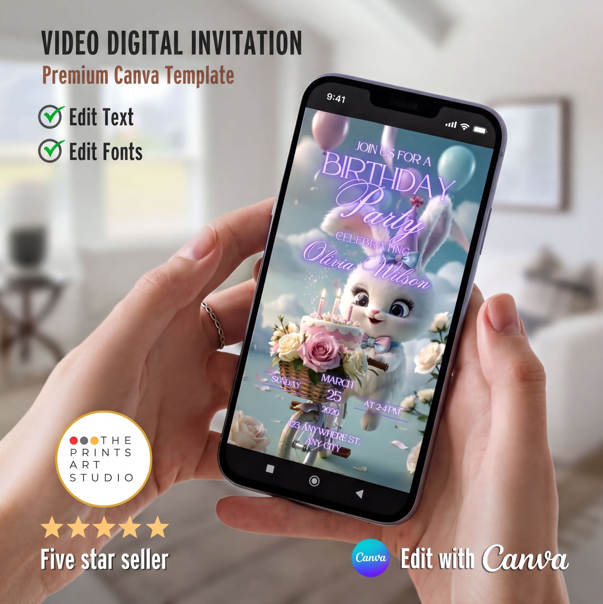 Cute Bunny Birthday Video Invitation on smartphone screen, customizable in Canva, perfect digital party invite with music.