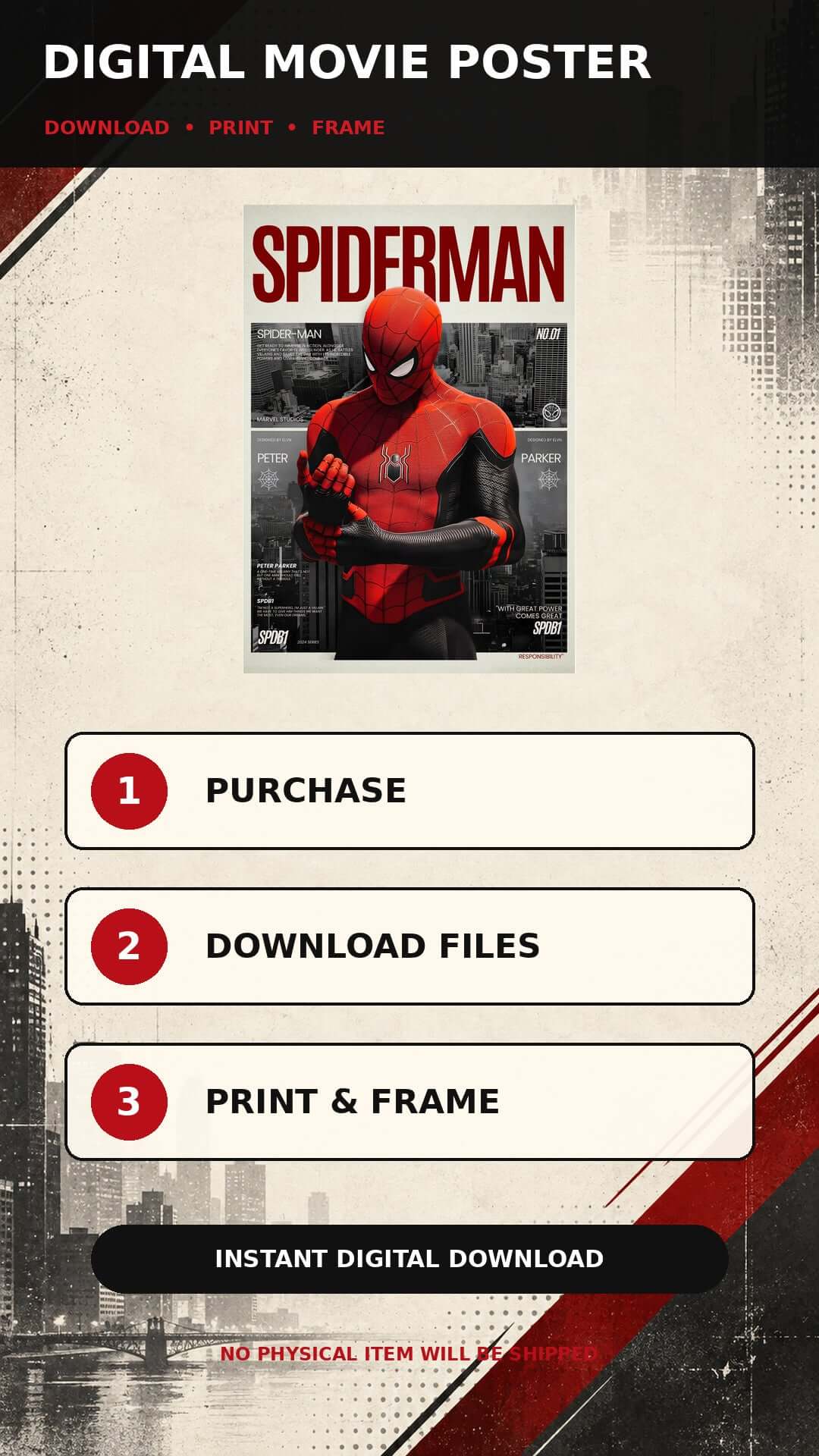 Spider-Man Printable Wall Art – Digital Movie Poster featuring Spider-Man in a dramatic design for instant download.