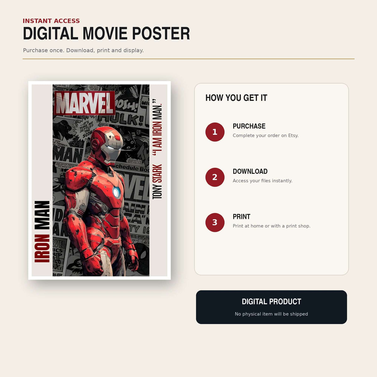 Iron Man Printable Wall Art - Digital movie poster featuring Iron Man in red and gold armor, perfect for superhero fans.