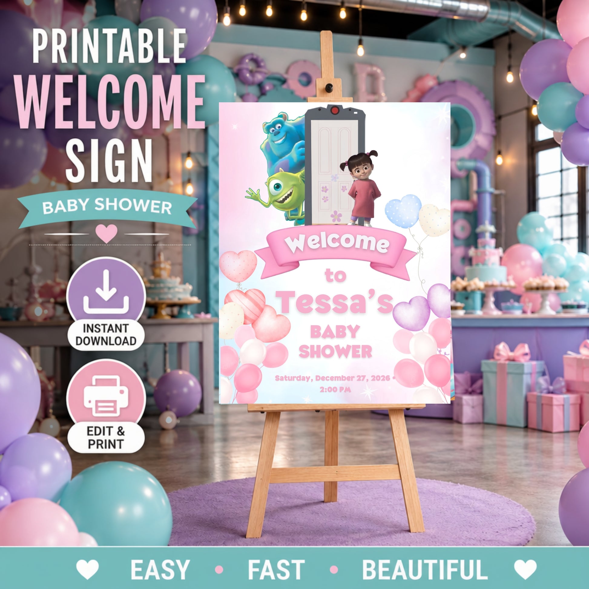 Monster Inc Baby Shower Welcome Sign | Editable Canva Poster for a colorful baby shower entrance.
