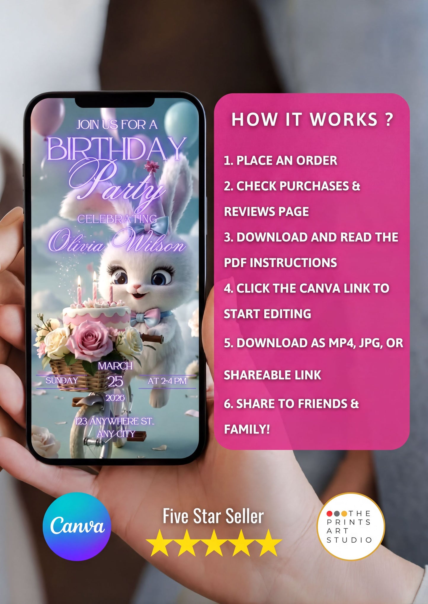 Hand holding a smartphone displaying a Cute Bunny Birthday Video Invitation design with Canva logo and editing instructions.