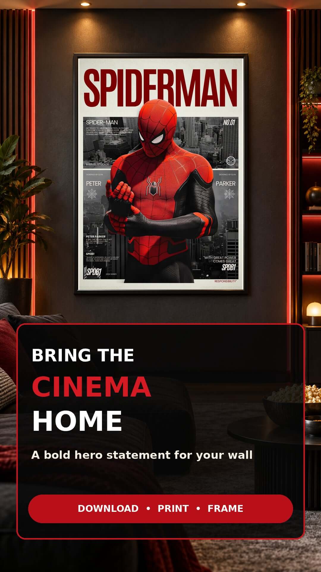 Spider-Man Printable Wall Art - Digital Movie Poster displayed in a stylish living space with bold colors.