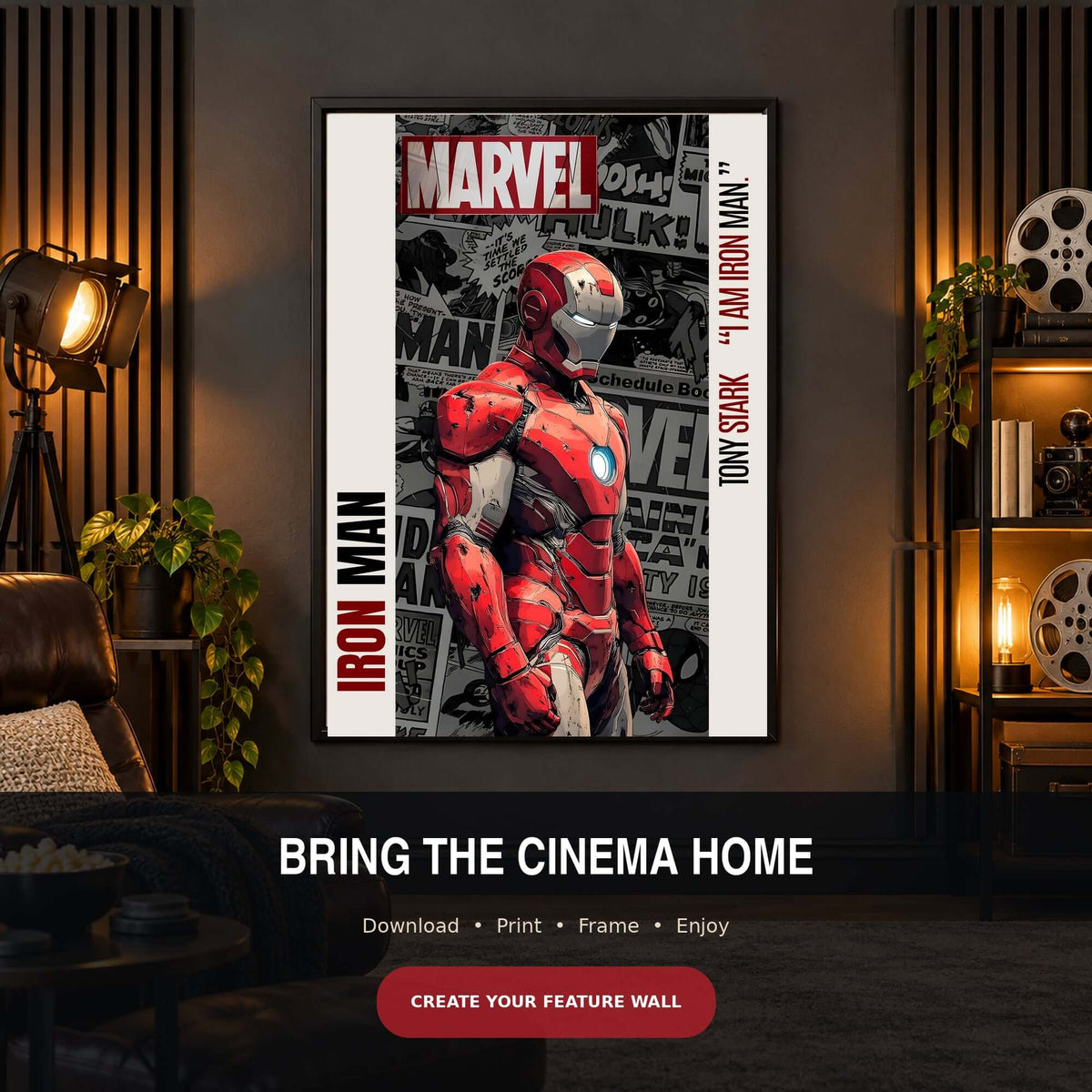 Iron Man Printable Wall Art featuring Iron Man in red-and-gold armor with comic-style background in a stylish room setting.