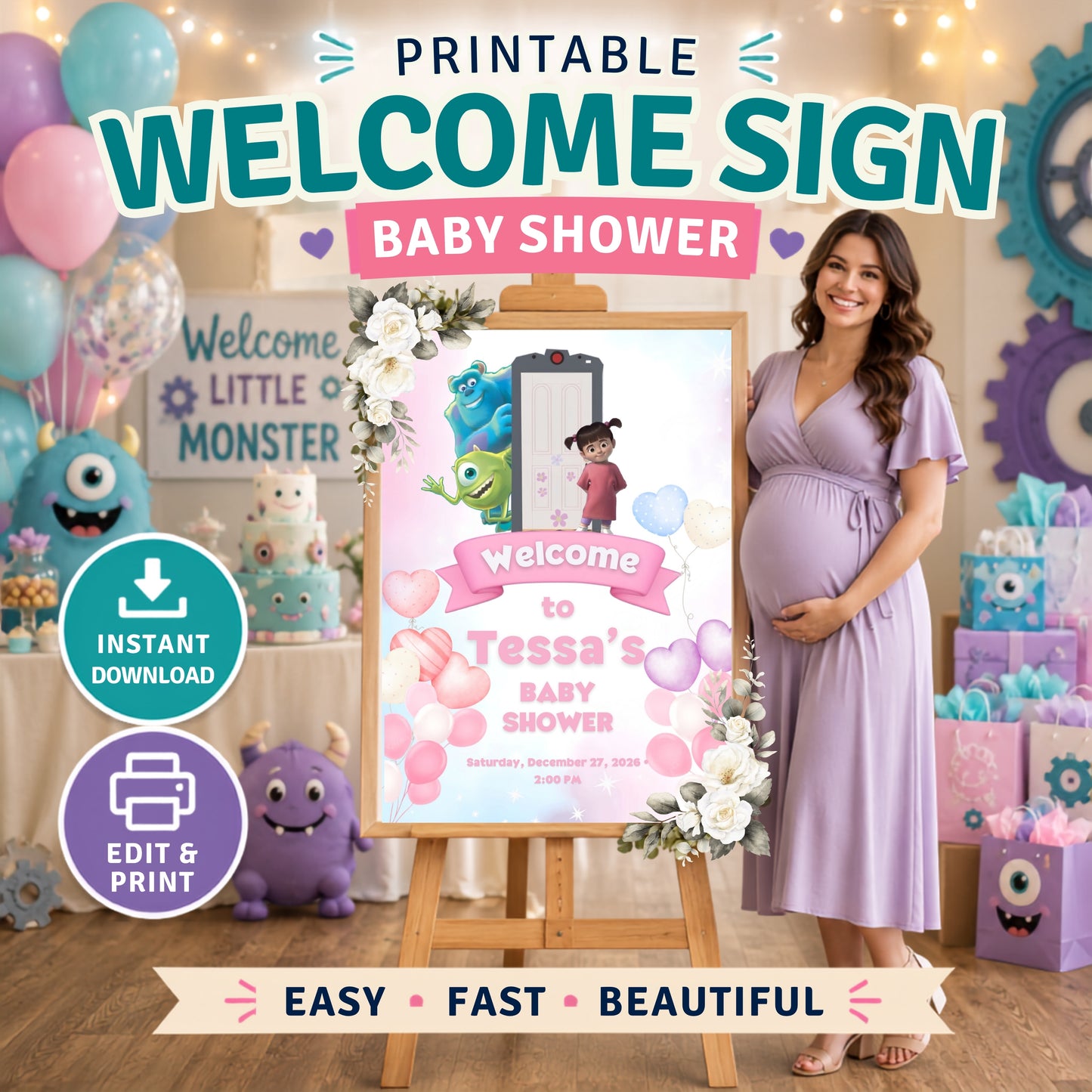 Monster Inc Baby Shower Welcome Sign featuring a colorful design and a smiling pregnant woman at a baby shower.
