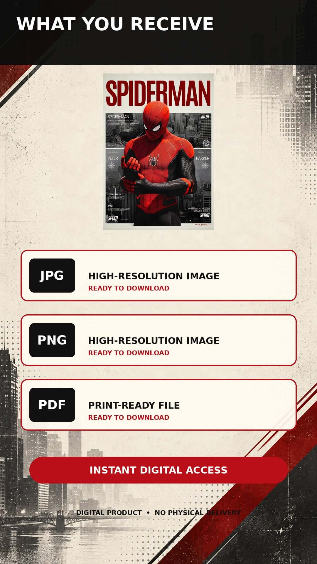 Spider-Man Printable Wall Art – Digital Movie Poster available in JPG, PNG, and PDF formats for instant download.