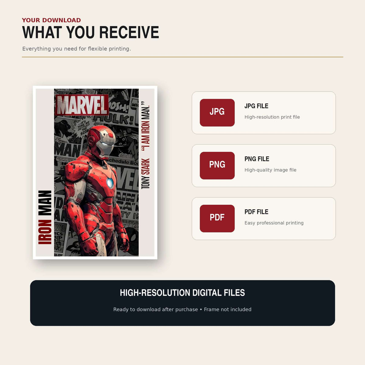 Iron Man Printable Wall Art – Digital movie poster featuring Iron Man in red-and-gold armor with downloadable high-resolution files.