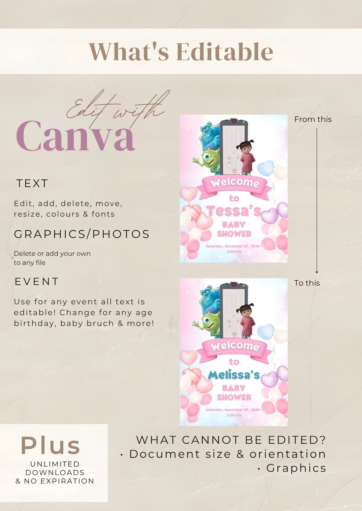 Monster Inc Baby Shower Welcome Sign editable Canva template showing customization options for a baby shower.