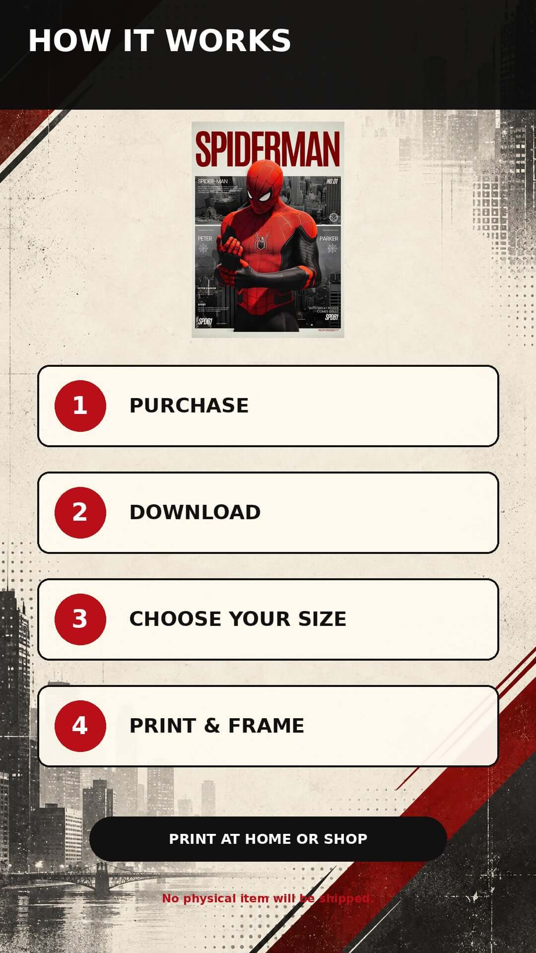 Spider-Man Printable Wall Art instructions for purchase, download, size selection, and printing process.