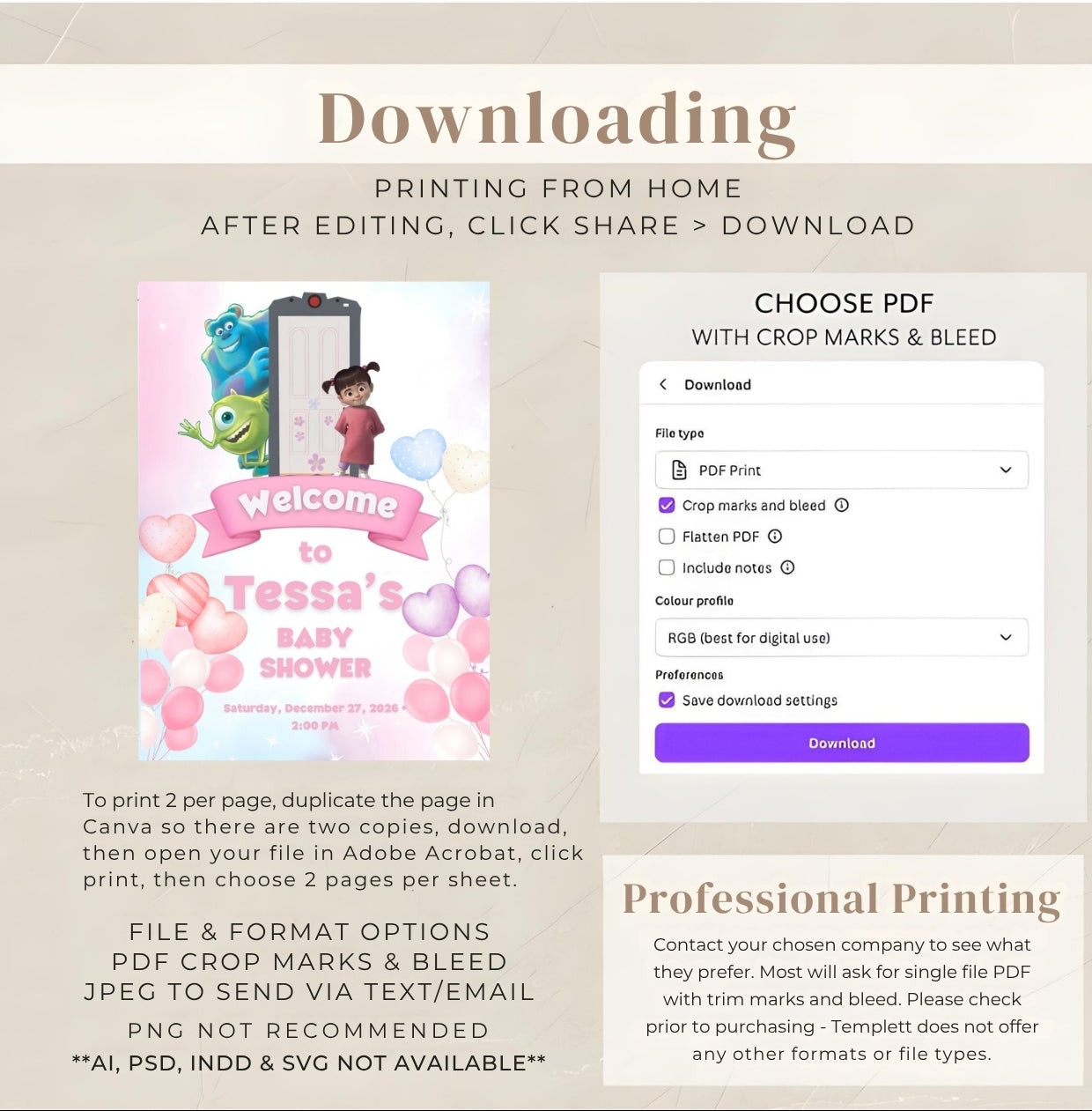 Monster Inc Baby Shower Welcome Sign editable Canva template instructions for downloading and printing.