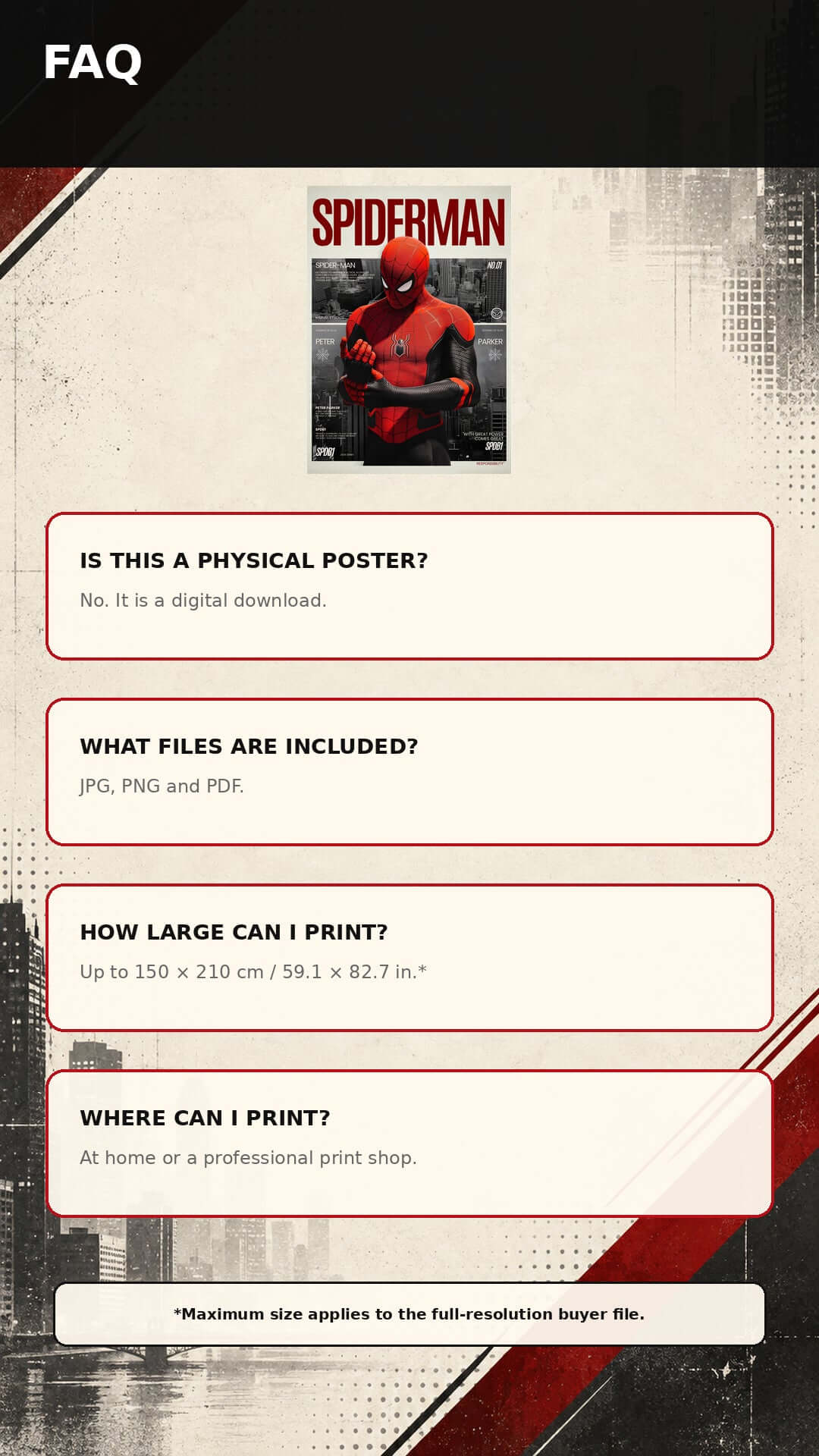 Spider-Man Printable Wall Art FAQ with download details and print options for home decor.