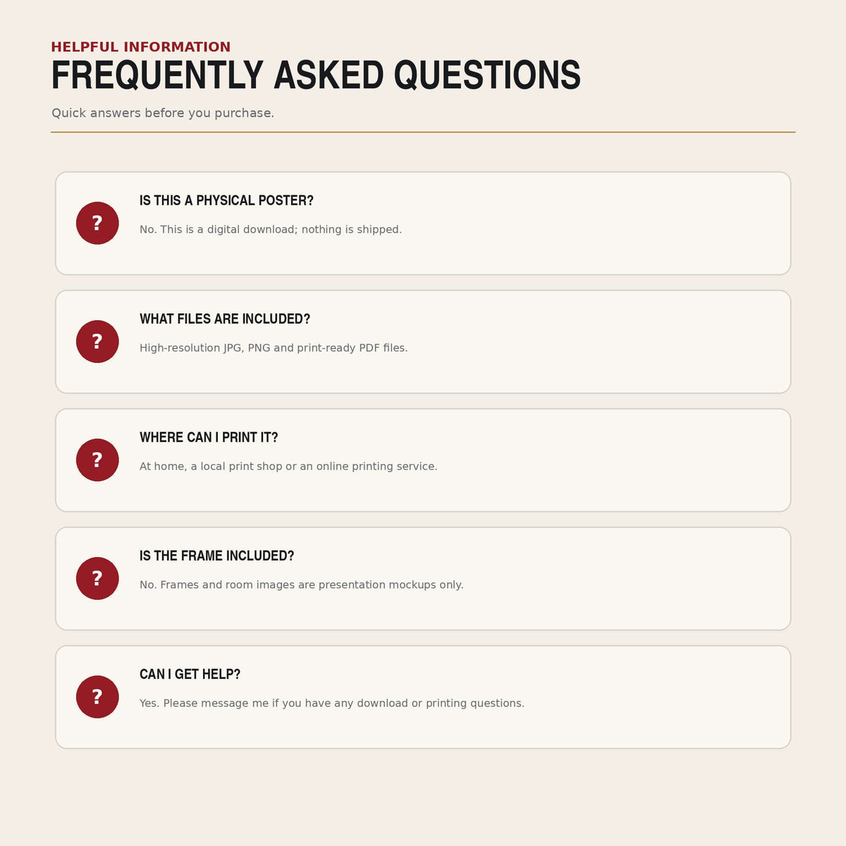 Iron Man Printable Wall Art FAQ with questions about digital download, file types, printing locations, framing, and assistance.