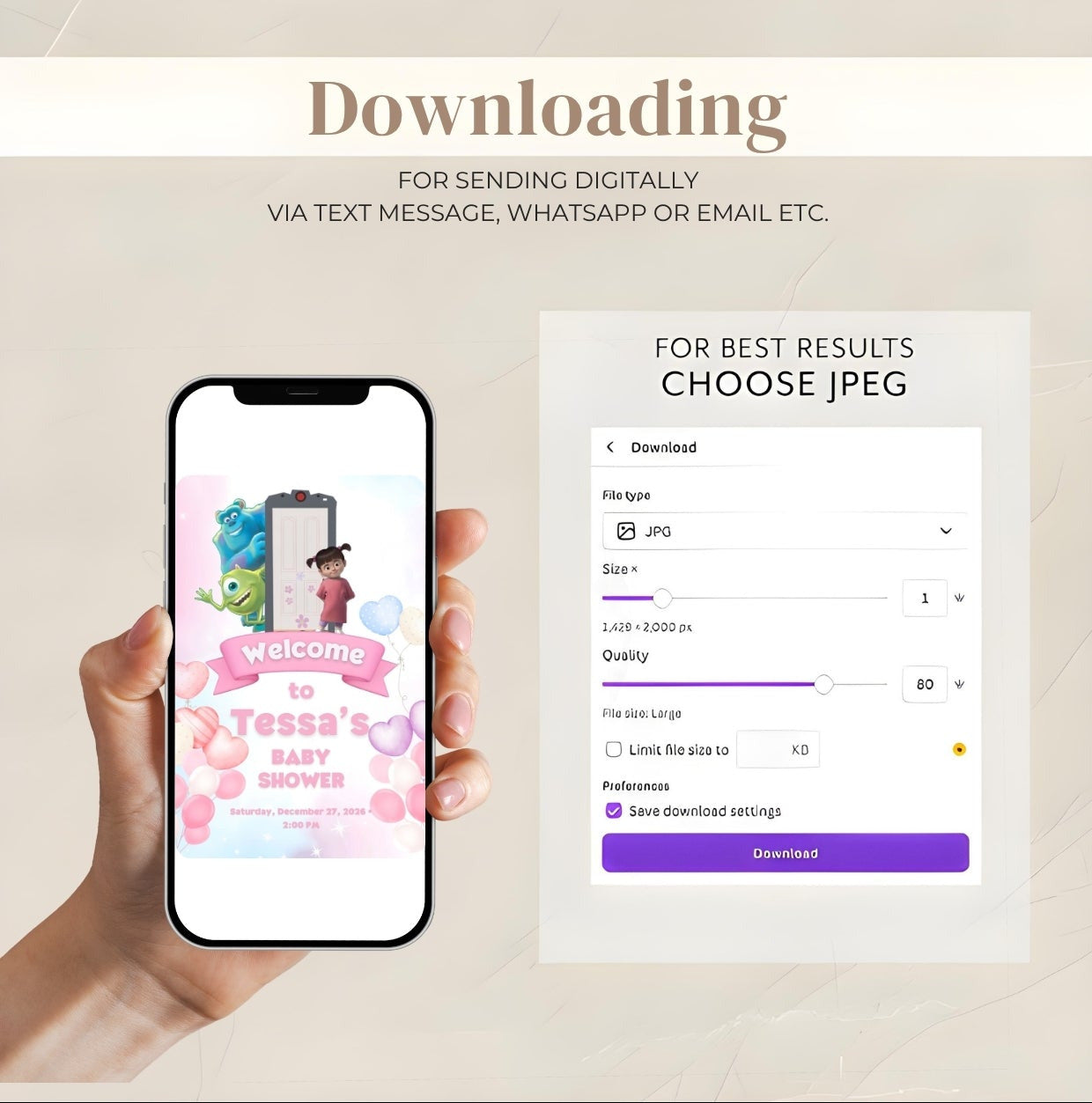 Hand holding a phone displaying the Monster Inc Baby Shower Welcome Sign downloading instructions.