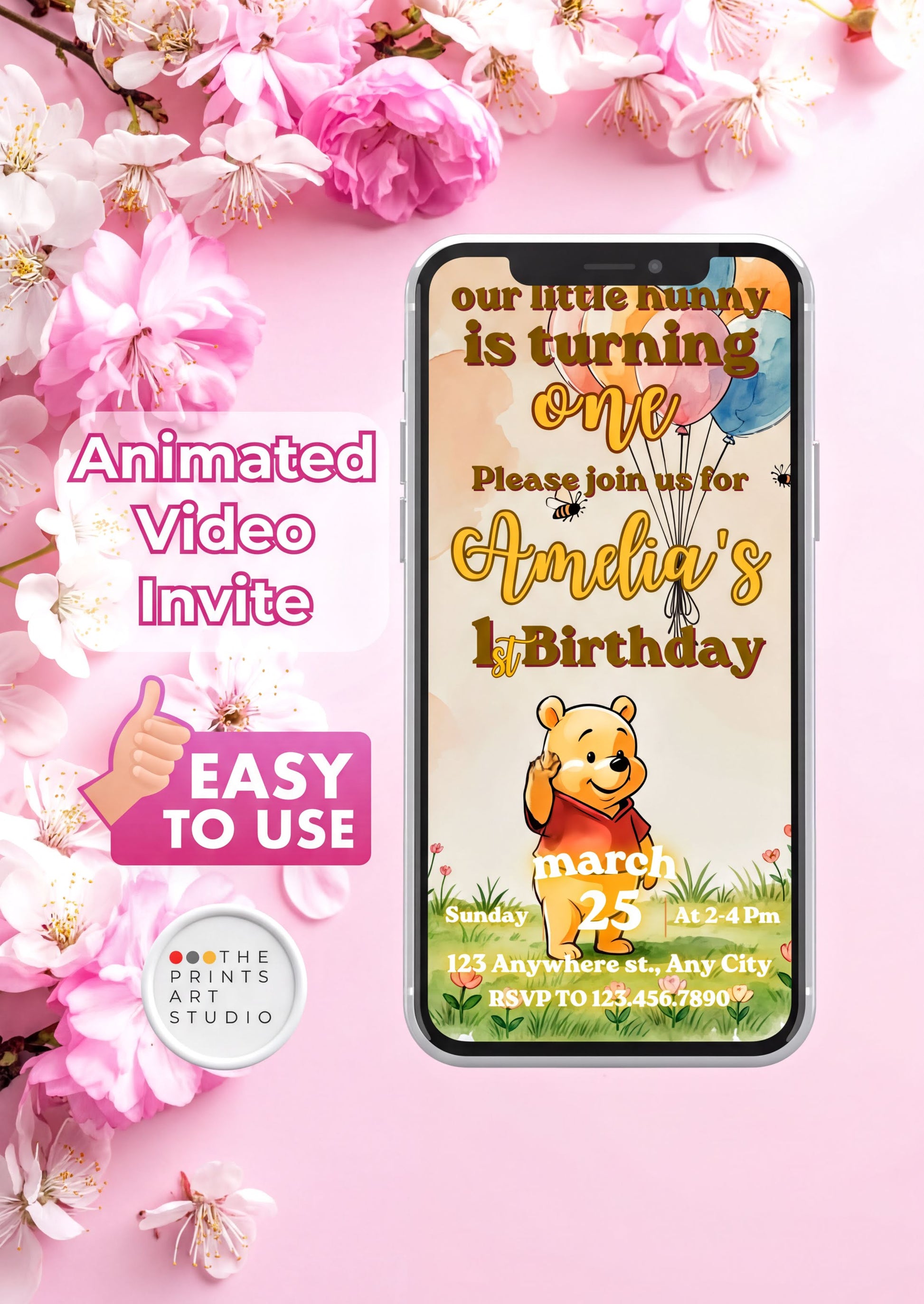 Winnie the Pooh birthday invitation video template for Amelia's 1st birthday celebration with floral background.