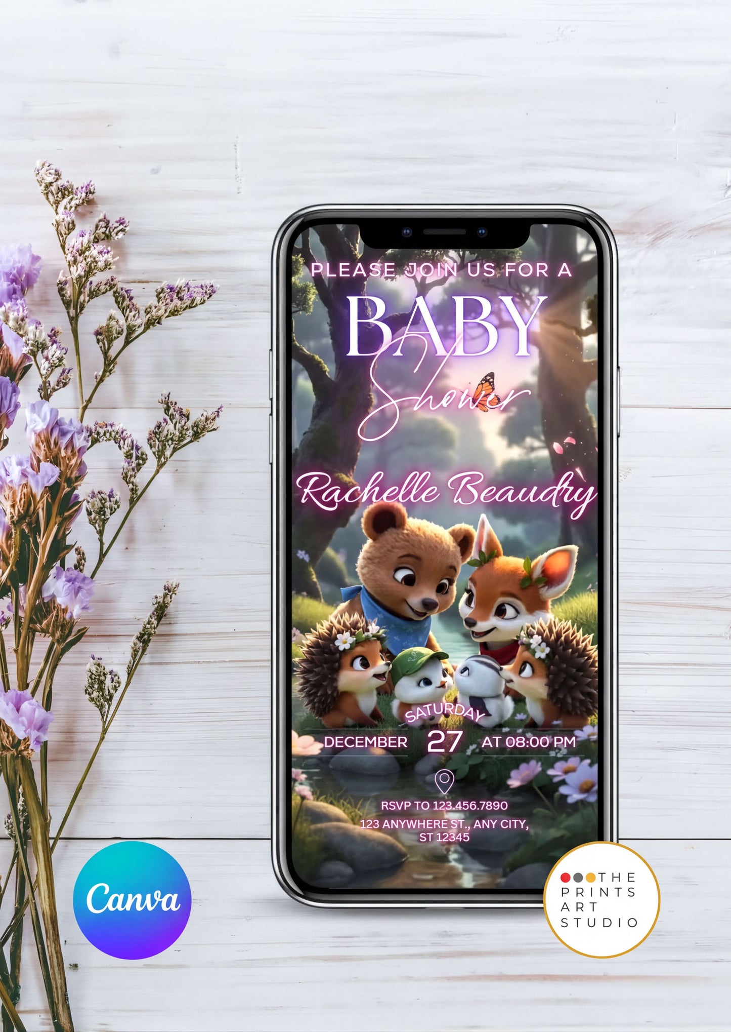 Editable Baby Shower Invitation featuring woodland animals on a digital phone display with floral accents.