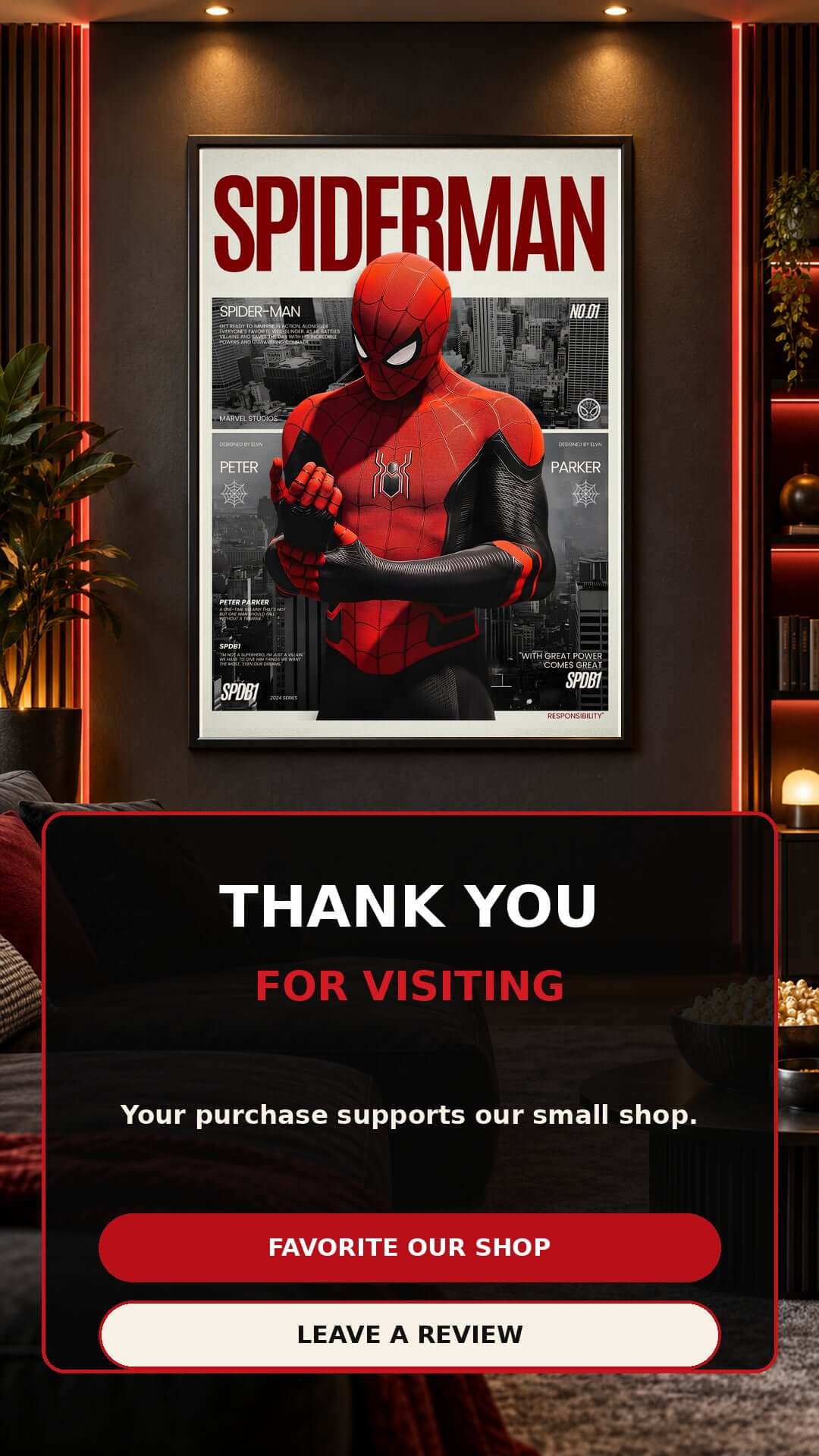 Spider-Man Printable Wall Art displayed in a modern room, featuring a dramatic superhero movie poster design.