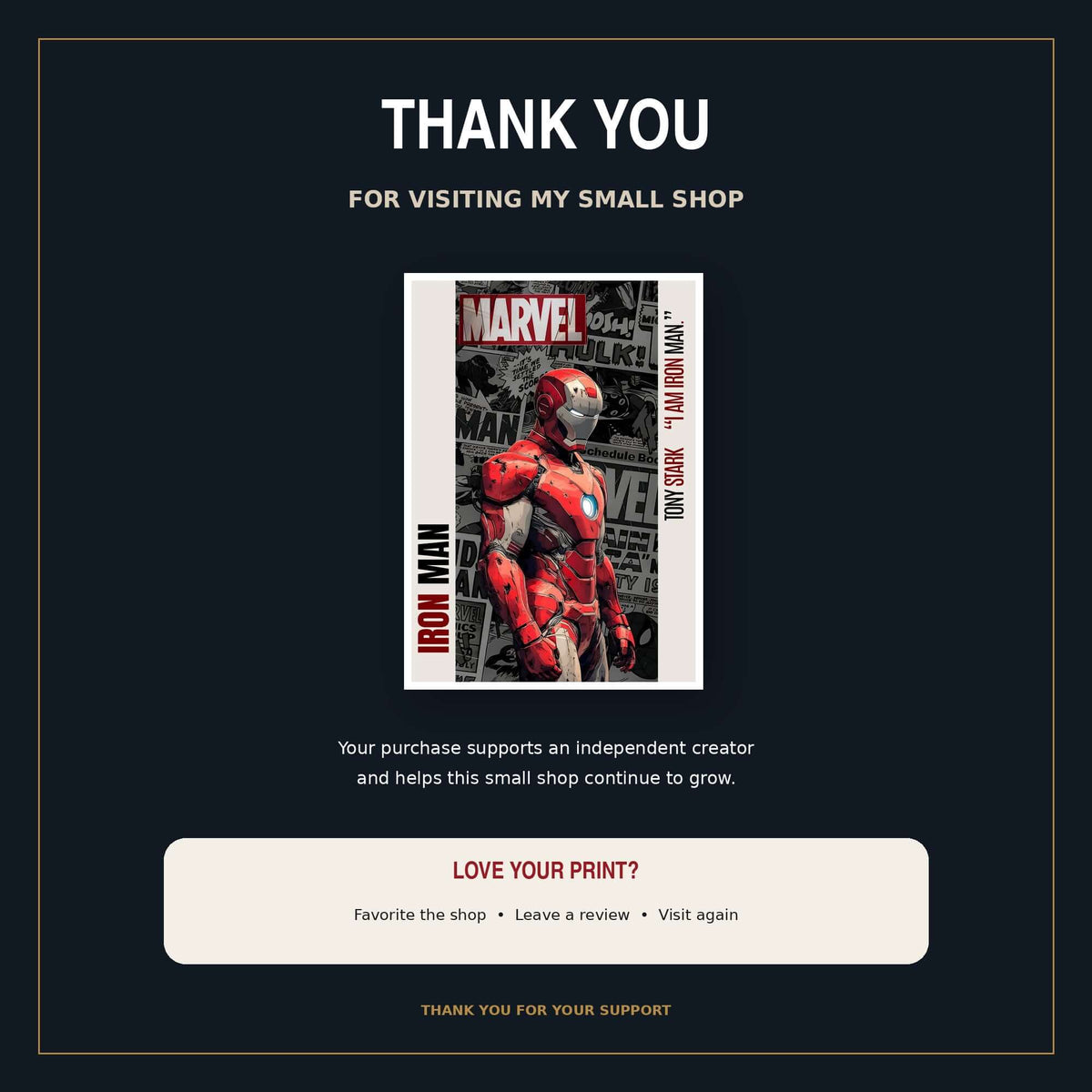 Iron Man Printable Wall Art – Digital movie poster showcasing Iron Man in red-and-gold armor against a comic-inspired background.