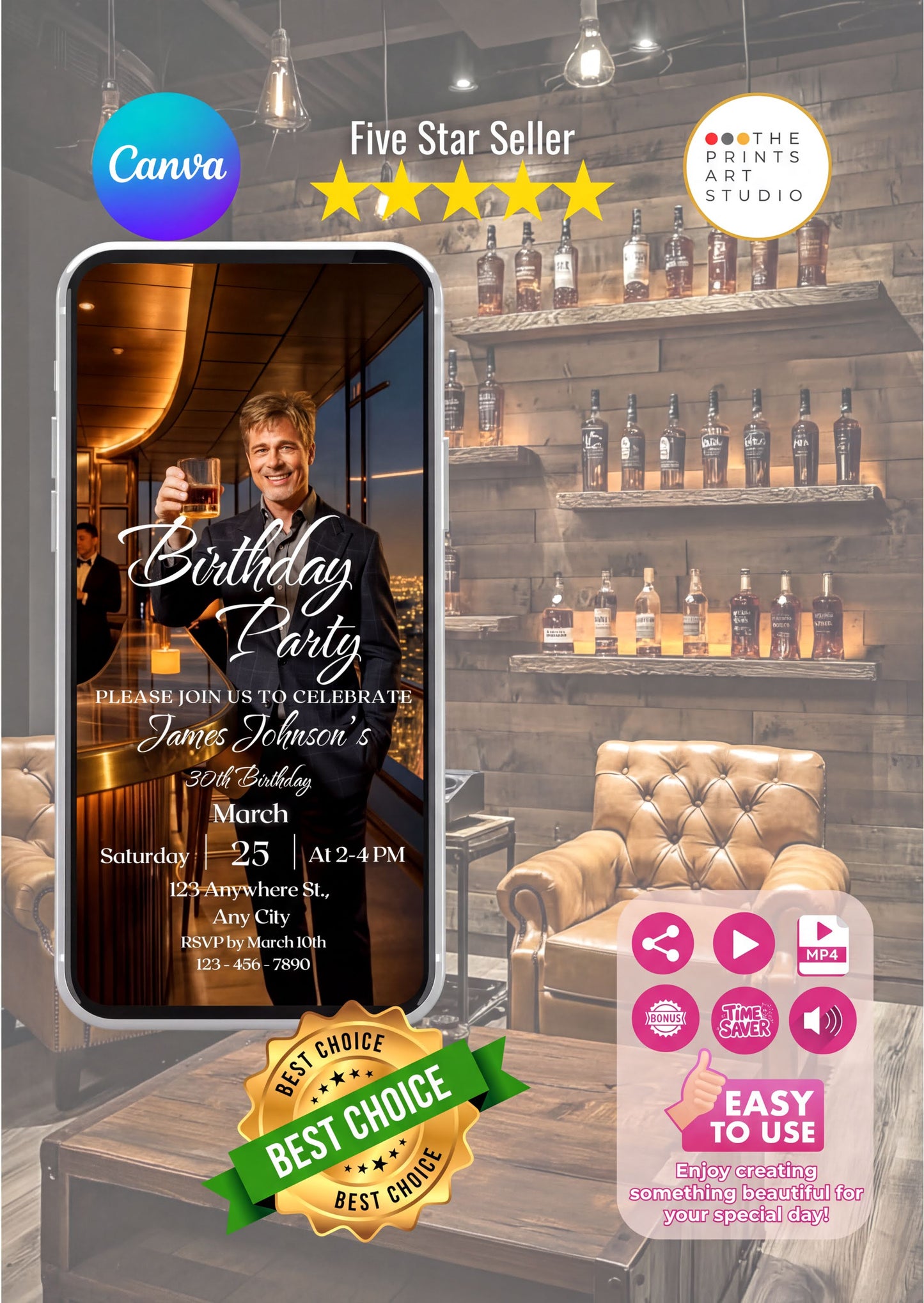 Whiskey Birthday Invitation showcasing a stylish party scene with a gentleman toasting in a luxurious setting.