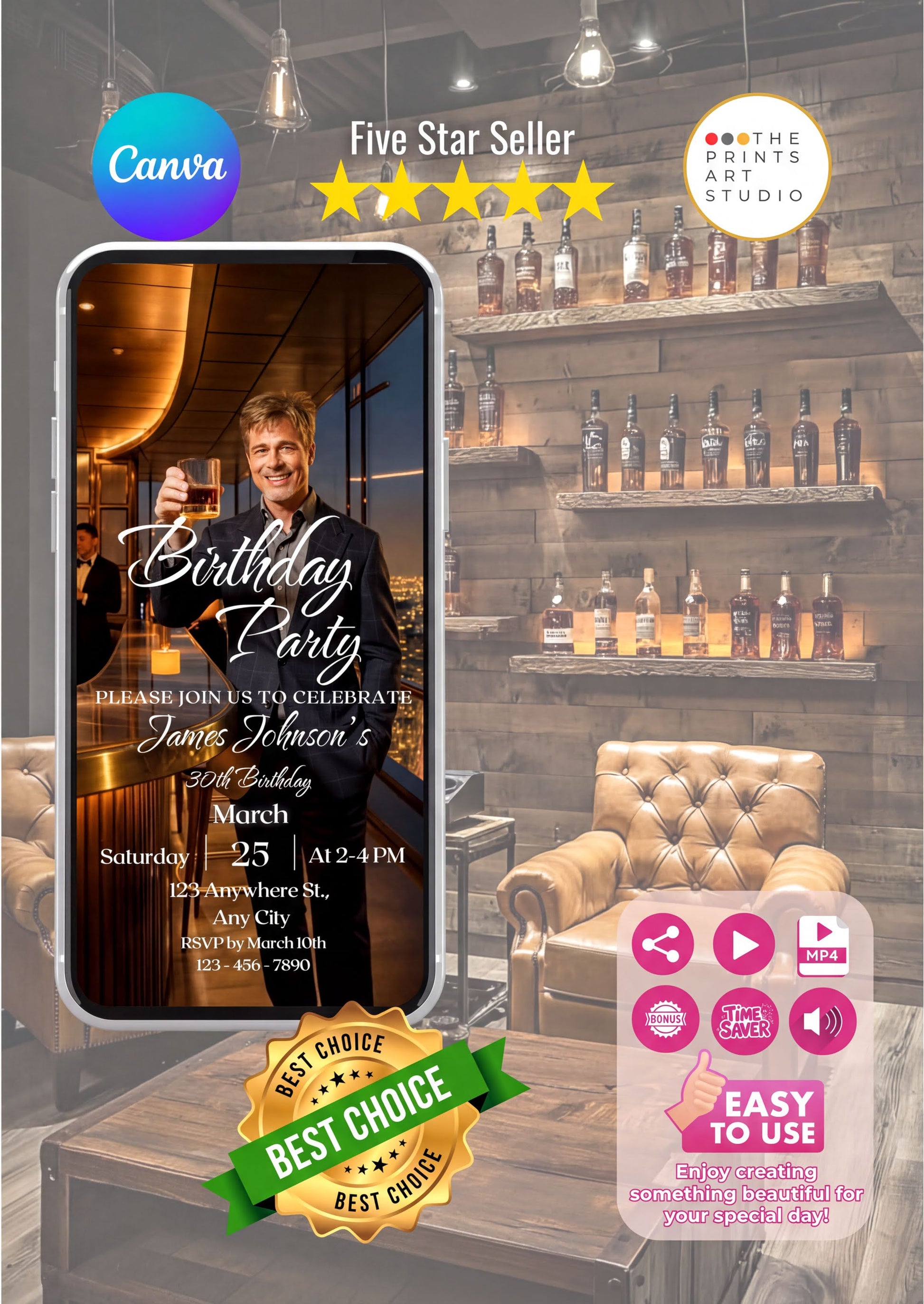 Whiskey Birthday Invitation showcasing a stylish party scene with a gentleman toasting in a luxurious setting.