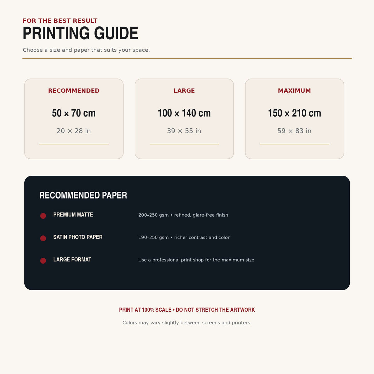 Iron Man Printable Wall Art printing guide showing size options and recommended paper types.