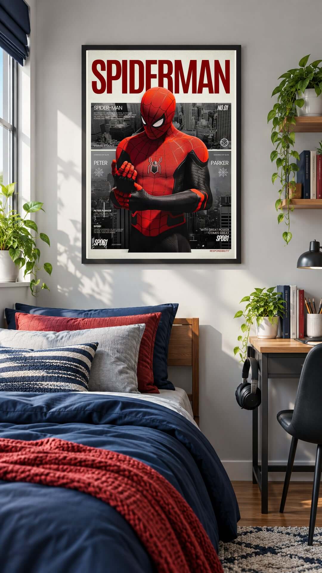 Spider-Man Printable Wall Art – Digital Movie Poster showcasing a bold red and black superhero design in a cozy bedroom setting.