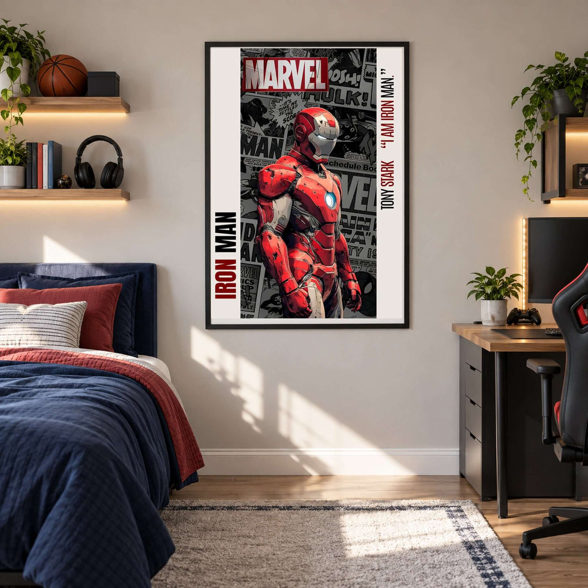 Iron Man Printable Wall Art displayed in a stylish bedroom, featuring Iron Man in red-and-gold armor against a comic background.